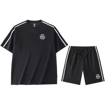 Anta Lifestyle Series Letter Stripe Round Neck Short Sleeve T-Shirt Mid Waist Straight Leg Shorts Casual Sports Set Men sets Basic-Black 952428201-3 3XL