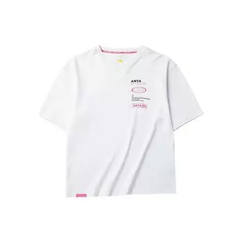Anta Lifestyle Series Logo Print Letter Round Neck Pullover Short Sleeve T-Shirt Women Tops Snow-White 162218106-1 L