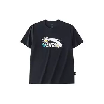 Anta Lifestyle Series Printed Letter Round Neck Pullover Short Sleeve T-Shirt Women Tops Basic-Black 962428111-6 S