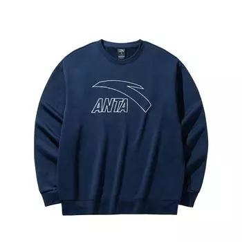 Anta Lifestyle Series Pullover Round Neck Letter Logo Breathable Sports Long Sleeve Sweatshirt Men sweatshirt Dark-Blue 952448709-2 S