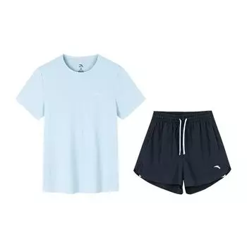 Anta Logo Regular Sleeve Round Chewed Short Sleeve Solid Fit Mid Belt Shorts Casual Set Women Sets 962427201-2 M