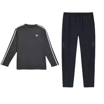 Anta Loose Fit Round Neck Drop Shoulder Striped Long Sleeve Top And Mid Waist Elastic Pants Casual Sports Set Men sets Black 952335502-1+952418402-3 S