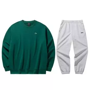 Anta Loose Fit Round Neck Pullover Top And Solid Color Elastic Waist Mid Rise Long Pants Casual Sports Set Unisex Sets 972448711-7+172448301N-1 S