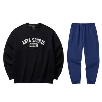 Anta Loose Fitting Warm Letter Print Crew Neck Sweatshirt And Elastic Waist Cuffed Fleece Pants Casual Sports Set 152448706N-4+952517307N-2 L