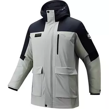 Anta Mens Training Series Warm Color Block Hooded Zipper Windproof Water-Repellent Down Jacket Men outerwear Floating-Gray Basic-Black 152447929-2 L