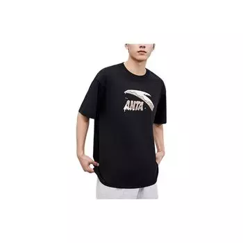 Anta Напечатанный буквенный круглый вырез свитер свободная футболка с коротким рукавом унисекс топы черный 972428103-5 XS