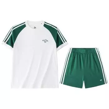 Anta Полосатый свитер с круглым вырезом, футболка с коротким рукавом и шорты, повседневный спортивный комплект, мужские комплекты Magnolia-White, темно-зеленый 962428203-1 XS