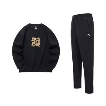 Anta Printed Pattern Loose Long Sleeve Sweatshirt Casual Sports Suit Men Sweatshirt, Pants Black 952427504-3+952218706-1 S