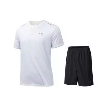 Anta Running Series однотонный свитер с круглым вырезом и коротким рукавом, футболка с прямыми шортами, повседневный спортивный комплект для мужчин, спортивный комплект чисто-белый 952425201-2 3XL