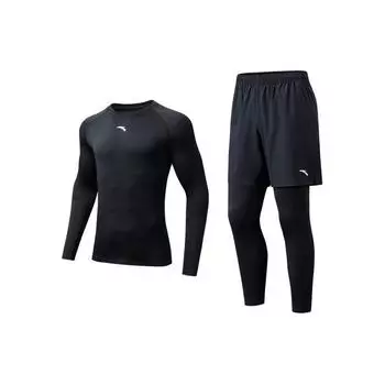 Anta Серия Training, однотонная футболка с длинным рукавом, облегающие быстросохнущие обтягивающие брюки, повседневный спортивный костюм для мужчин, спортивная одежда, базовая, черный цвет 952415201-1 2XL