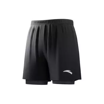 Anta Solid Color Double Layer Quick-Dry Loose-Fit Five-Point Swim Shorts Men swimwear Black 9824232410-2 L