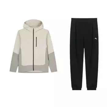 Anta Solid Color Hooded Loose Fit Drop Shoulder Zip Long Sleeve Top And Mid Waist Elastic Pants Casual Sports Suit Men suit 952337309-1+152437627-1 S