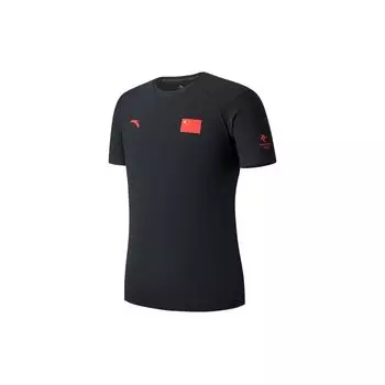 Anta Solid Color Logo National Flag Print Round Neck Short Sleeve T-Shirt Men Tops Black 152130102-2 M
