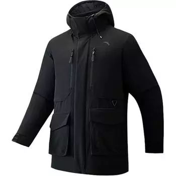 Anta Solid Color Zipper Hooded Versatile Mid-Length Down Jacket Men Outerwear 152516901-1 XL
