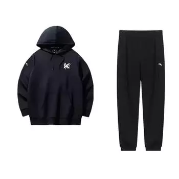 Anta Sports Casual Letter Print Hooded Drop Shoulder Loose Long Sleeve Elastic Waist Long Pants Sweatshirt Set Men sets Black 952337309-1+152441717-4 S