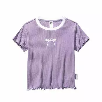 Anta Sports Lifestyle Series Solid Color Breathable Versatile Casual Short Sleeve T-Shirt Women T-Shirts Silk-Gray-Purple 162528116-2 S