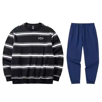 Anta Striped Loose Warm Crew Neck Sweatshirt Elastic Waist Cuffed Fleece Long Pants Casual Sports Suit Men sweatshirt, pants 952438710-6+952517307N-2 S