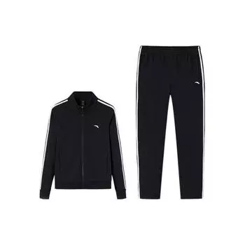 Anta Striped Zipper Stand Collar Fleece Long Sleeve Jacket And Pants Casual Set Women sets Basic-Black 962347202-1 XS
