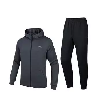 Anta Training Series Hooded Cardigan Long Sleeve Solid Color Long Pants Casual Sports Suit Men suit Wax-Gray 952437202-3 S