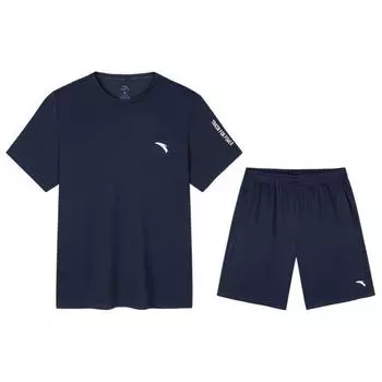 Anta Training Series Letter Round Neck Pullover Short Sleeve T-Shirt And Shorts Casual Sports Set Men sets Midnight-Blue 952427201-4 XL