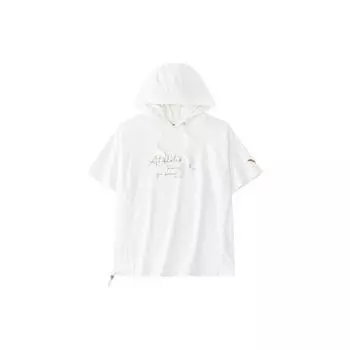 Anta Training Series Lettered Hooded Pullover Loose Short Sleeve Drop Shoulder T-Shirt Women Tops Paper-White 162427125-3 XL
