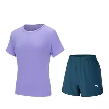 Anta Training Series Round Neck Pullover Solid Color Short Sleeve Sports Simple Elastic Shorts Casual Set Women Set Purple Blue 962527207-4 S
