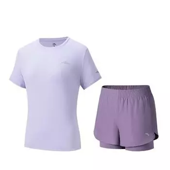 Anta Training Series Round Neck Pullover Solid Color Short Sleeve Sports Comfortable Shorts Set Women sets Purple 962527205-7 XS