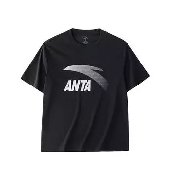 Anta Трикотажный свитер, удобная повседневная футболка с круглым вырезом и коротким рукавом, мужские топы, базовые, черный, серебристый 952428112-5 S