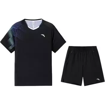 Anta Versatile Pullover Comfortable Short Sleeve Simple Solid Color Lace-Up Shorts Casual Sports Suit Men suit 952537205-2 S