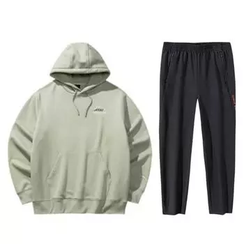 Anta Warm Letter Print Hooded Loose Drop Shoulder Pullover Long Sleeve Top And Mid Waist Elastic Pants Casual Sports Suit 152448701N-2+152447512S-1 S