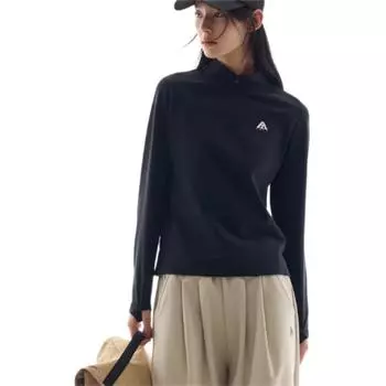 Anta Womens Outdoor Series Sports Casual Simple Solid Color Slim Fit Stand Collar Long Sleeve T-Shirt Women Tops Black 962526401-4 S