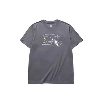 Anta X Snoopy Cartoon Logo Print Loose Sports Knit T-Shirt Unisex Tops Gray 952129111-4 M