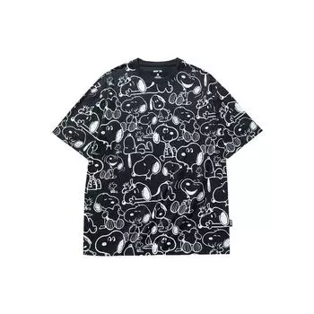Anta X Snoopy совместный бренд Life Series с мультяшным принтом свободного кроя и короткими рукавами, топы унисекс, черный 952129113-2 XS