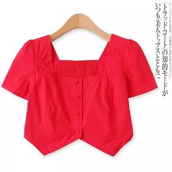 Anti-Aging Fashion Front Button Elastic Pleated Short Sleeves Shirt Red S