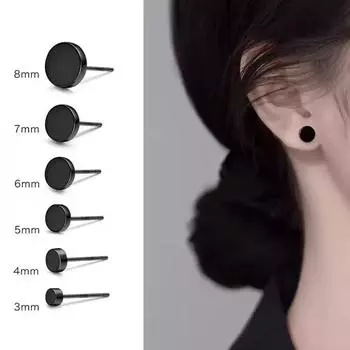 Anti-Allergy Hong Kong Style Black Circle Ear Studs Men s and Women s Neutral 2024 New Arrival Tide Minimalist Fancy round Earrings Black round stud earrings 6+7+8 [three pairs]]