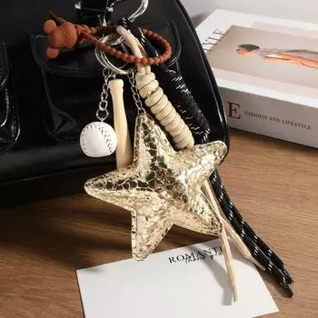 Anti-Lost Woven Rope Bag Pendant PU Leather Big Star Baseball Keyring Girls Couple Girlfriends золотой