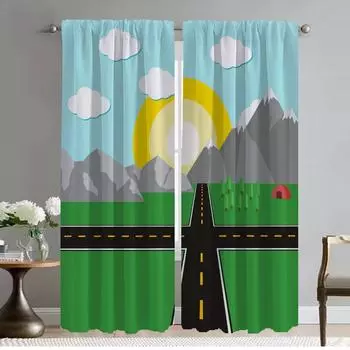 Anti-mosquito Curtains 2 Pieces City Road Cartoon Tulle for Bedroom Modern Living Room Curtains Halloween Decoration Shades Home W50xH70cmx2pcs-CL
