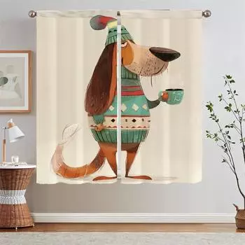 Anti-mosquito Curtains Curtains Salon 2 Pieces A Basset Hound Cover Curtain for Quarto Blind Home and Decoration Christmas Tulle W50xH70cmx2pcs-CL