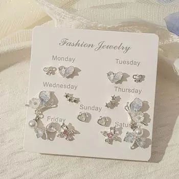 Anti-Pain Non-Piercing Ear Clip Suit Zircon Silver Needle Small Delicate Earrings Minimalist Female Stud Earrings Pink Butterfly Earrings Blue Star 7 Pair -925 Silver Needle Earrings