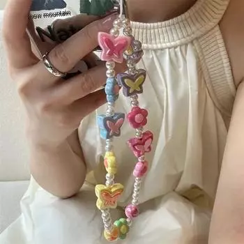 Анти-потеряшка Цветок Телефон Цепочки Бабочка Мобильный Короткий Ремешок Телефон Бусины Ремешок Женский Дамы 3