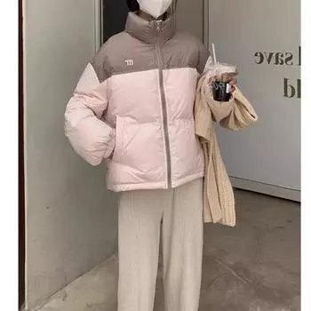 Anti-season winter down jacket women s short new small bread jacket loose color matching stand-up collar jacket S