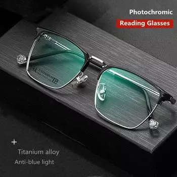 Анти-синий свет Чистый титан Ультралегкие очки для чтения Мужские фирменные квадратные оправы Фотохромные линзы из смолы CR-39 +1,5 2,0 CHINA&0