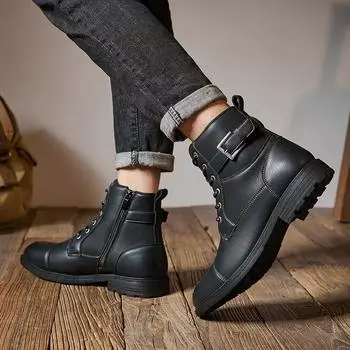 Anti Slip Retro Man Leather Boots Lace Up High Top Ankle Boots Autumn Winter Outdoor Men Martiin Boot Side Zipper Tooling Boots 40 хаки