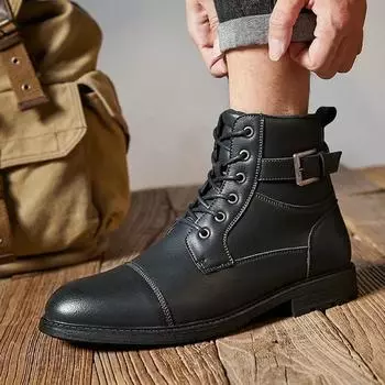 Anti Slip Retro Man Leather Boots Lace Up High Top Ankle Boots Autumn Winter Outdoor Men Martiin Boot Side Zipper Tooling Boots 40 хаки