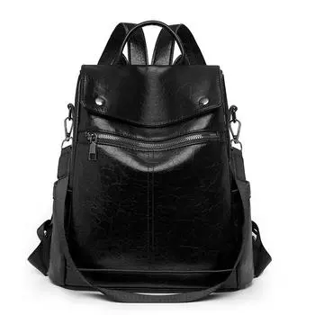 Anti-Theft Travel Backpack Women s Soft Leather Backpack Color Block Student Schoolbag Multifunctional Shoulder Bag чёрный