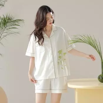 Антибактериальный хлопок: Весенне-летняя пижама из чистого хлопка с короткими рукавами, женская хлопковая пижама с подтяжками, тонкий комплект домашней одежды с принтом M