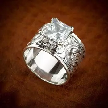 Античные квадратные инкрустированные белые кольца с цирконом, модные серебряные кольца с резьбой по металлу, обручальные кольца для женщин, ювелирные изделия 5