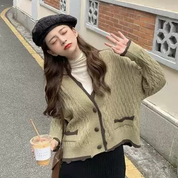 Античный контрастный короткий свитер с v-образным вырезом, кардиган, женский зимний свободный вязаный свитер с длинными рукавами One Size зелёный