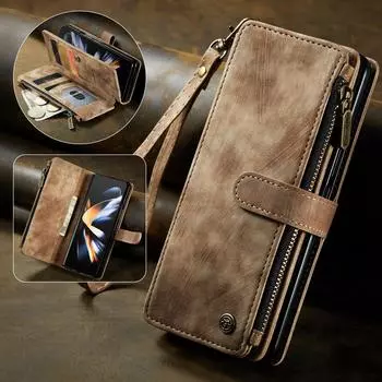 Антидетонационный винтажный кожаный чехол-бумажник в деловом стиле для Samsung Galaxy Z Fold4 Fold 4 Fold3 Fold 3 5g Складная крышка со слотом для карт for Samsung Z Fold 3 чёрный