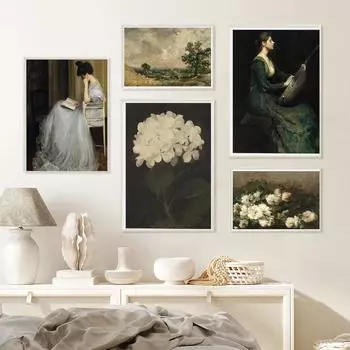 Антикварная картина маслом с цветами Женщина Холст Плакат Роза Цветочный сад Винтажные художественные принты Ретро Ботанические настенные картины Домашний декор 21x30cm No Framed